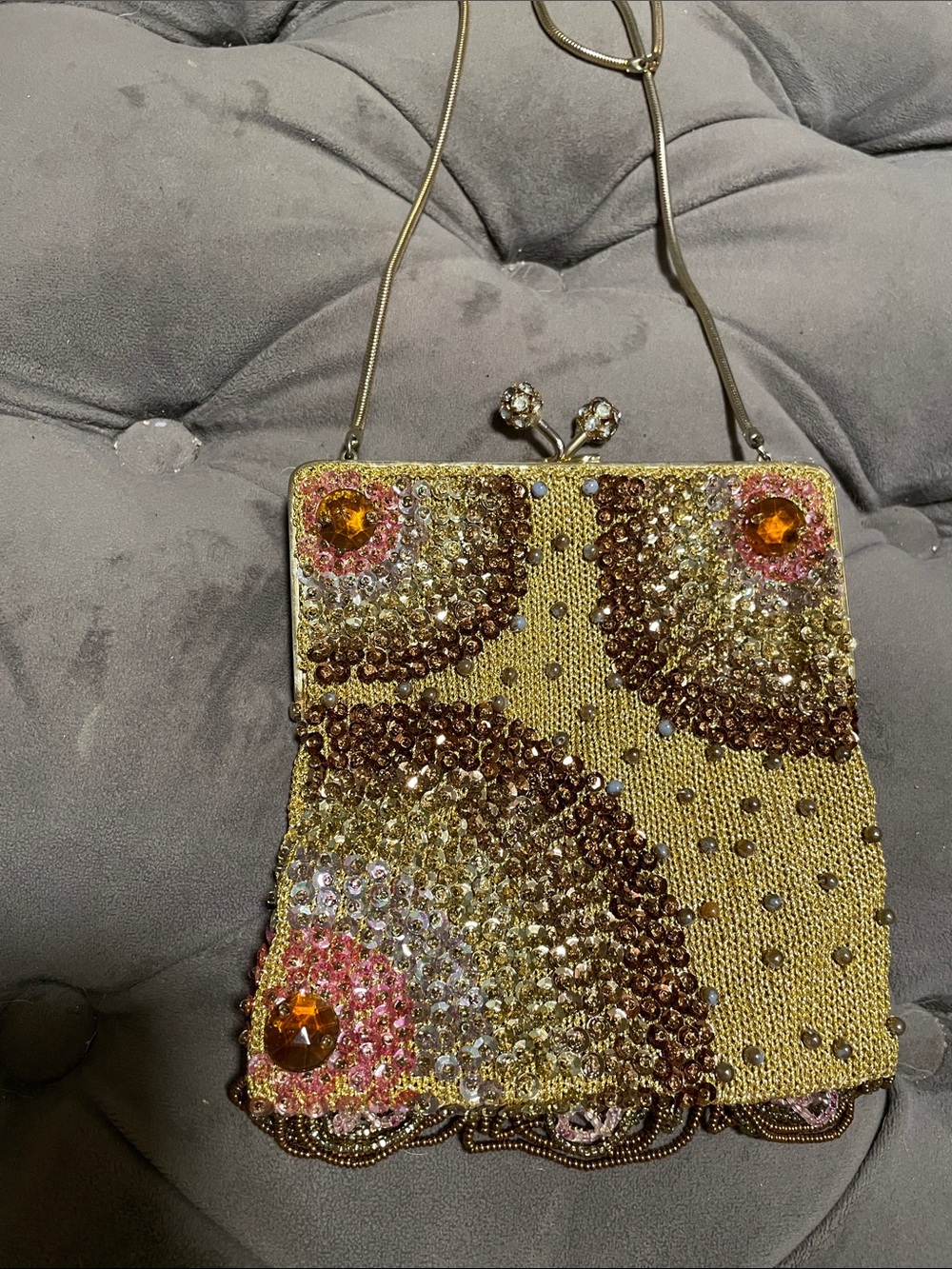 Delill made in Italy Gold Sequin & Crystal Embellished Evening Clutch with Chain